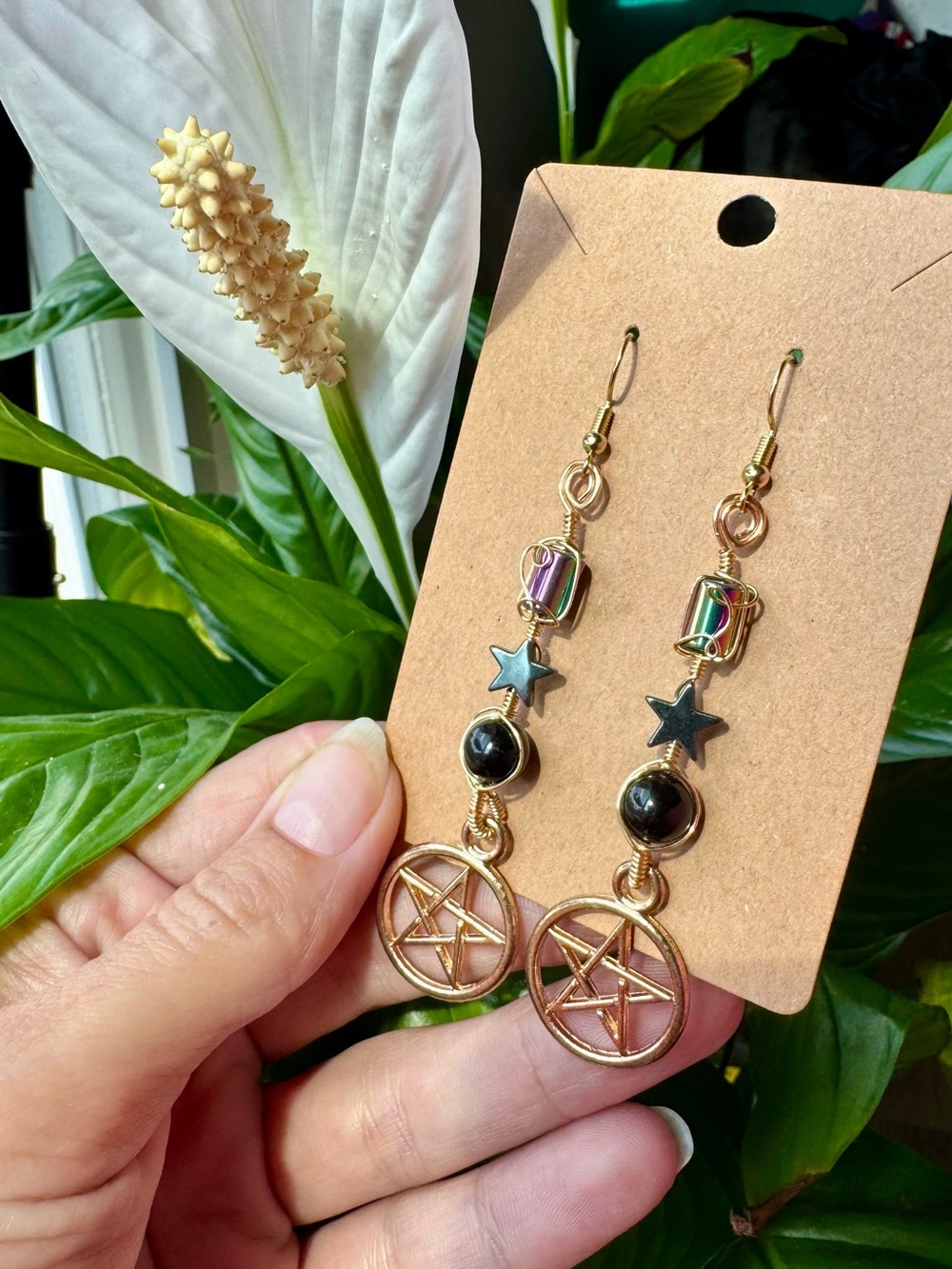 ✨HEMATITE + OBSIDIAN Pentacle Dangle Earrings